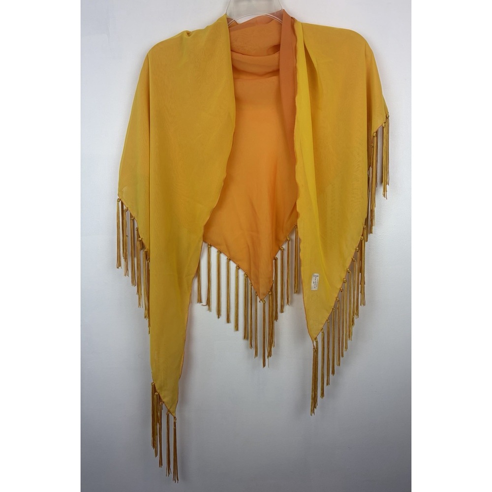 Vintage Fringe Shawl Wrap Yellow Sheer Layer Reversible Art Nouveau Italy Boho